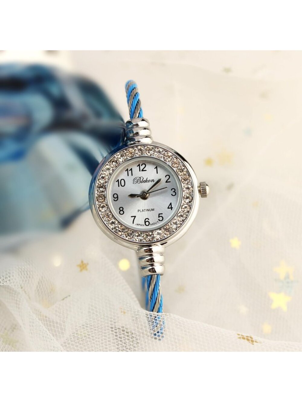 Women's Rhinestone Silver/Blue Round Analog Display Arabic Number Bracelet Watch - Picture 6 of 7